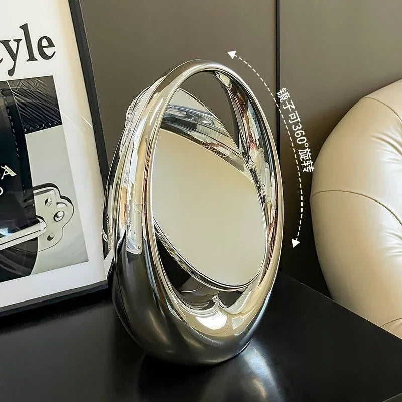 VILZSTUDIOS Korean Creative Oval Makeup Mirror Laser Double-sided Cosmetic Mirror Living Room Dressing Table Rotatable Mirror Home Decor
