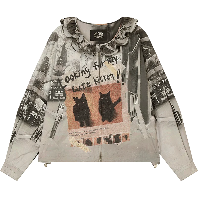 VILZSTUDIOS Retro Cats Print Loose Jacket