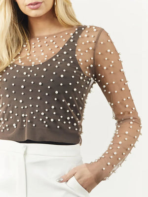 VILZSTUDIOS Stylish Pearl Mesh See-Through Long T-Shirt