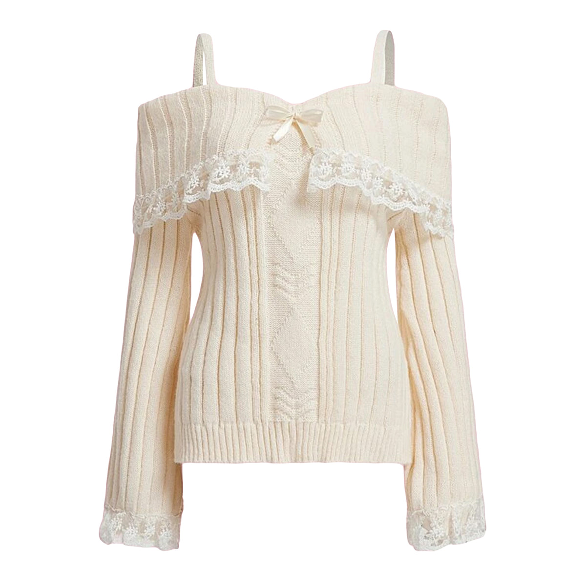 VILZSTUDIOS Pink Grunge Lace Off Shoulder Sweater
