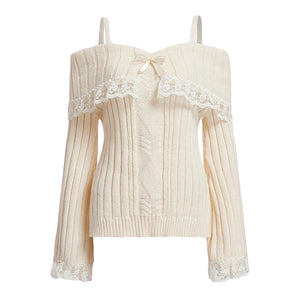 VILZSTUDIOS Pink Grunge Lace Off Shoulder Sweater