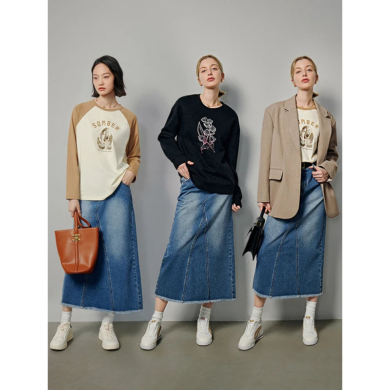 VILZSTUDIOS Vintage Casual Denim Maxi Skirt