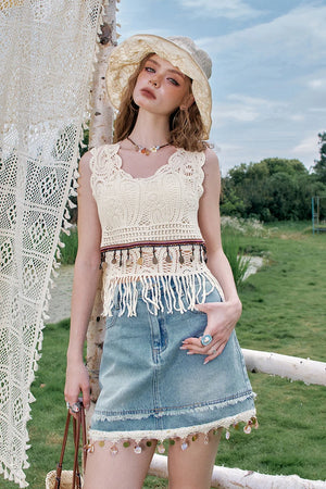 VILZSTUDIOS Stylish Shell Tassel Denim Mini Skirt