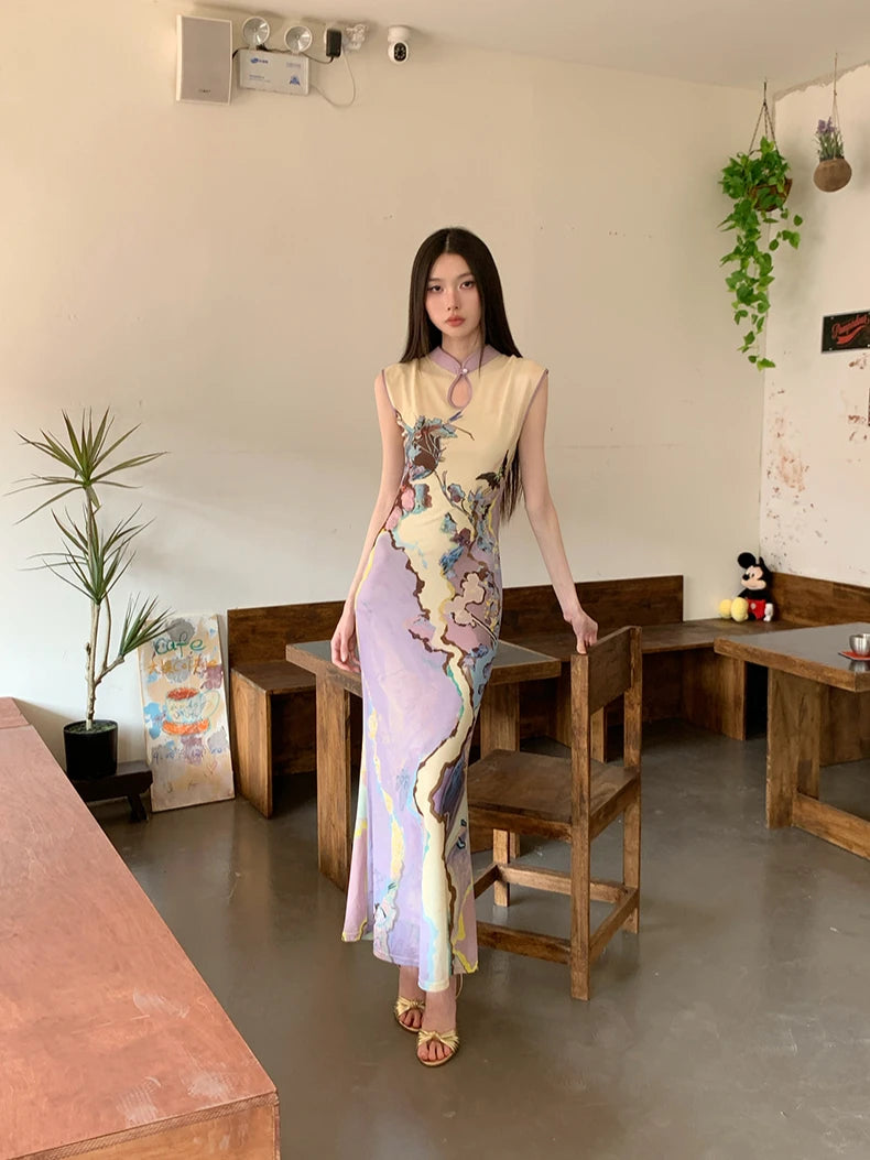 VILZSTUDIOS Elegant Vintage Floral Mesh Sleeveless Dress