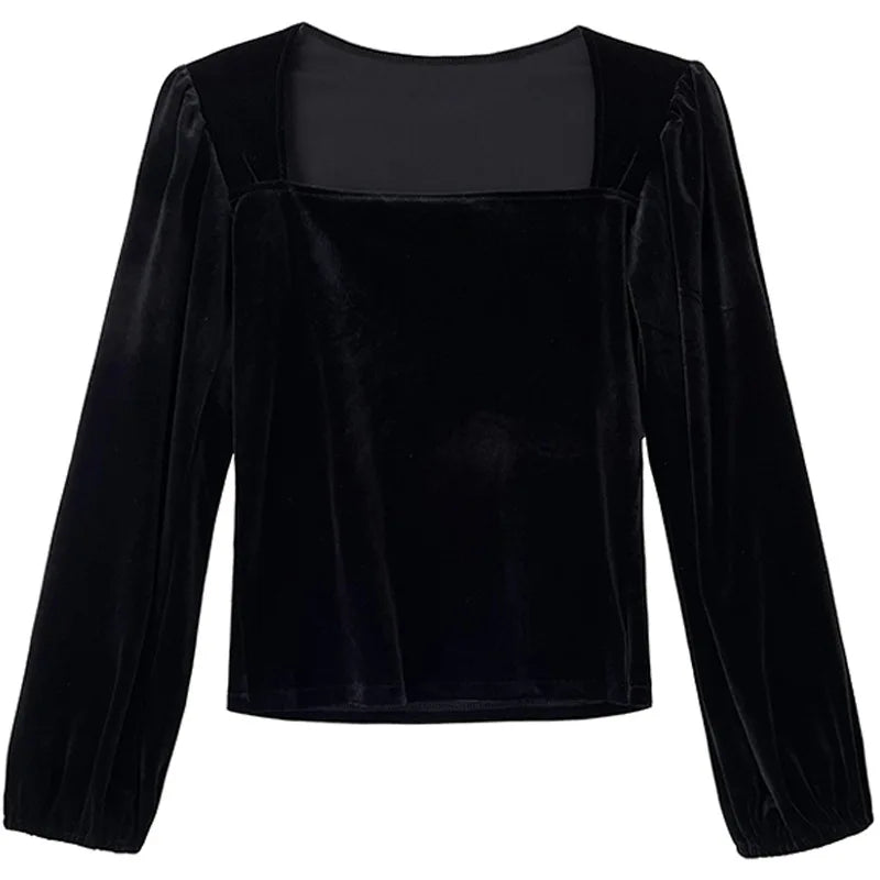VILZSTUDIOS Black Velvet Square Neck Blouse