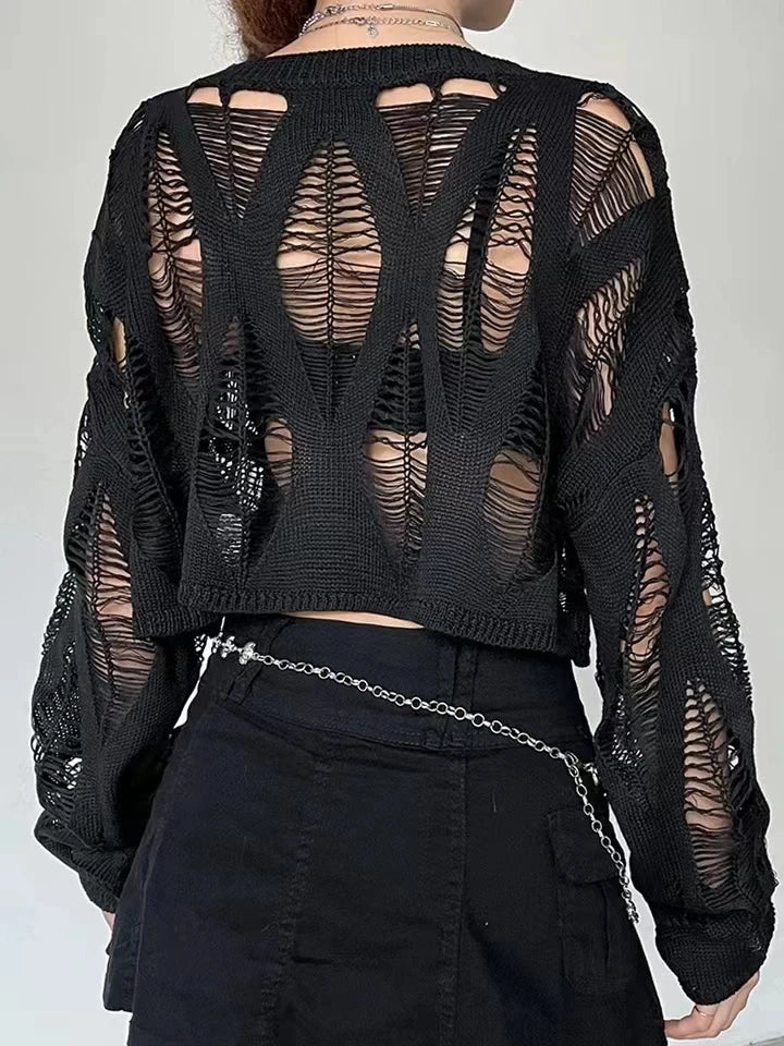 VILZSTUDIOS Gothic Black Sexy Knitted Crop Sweater