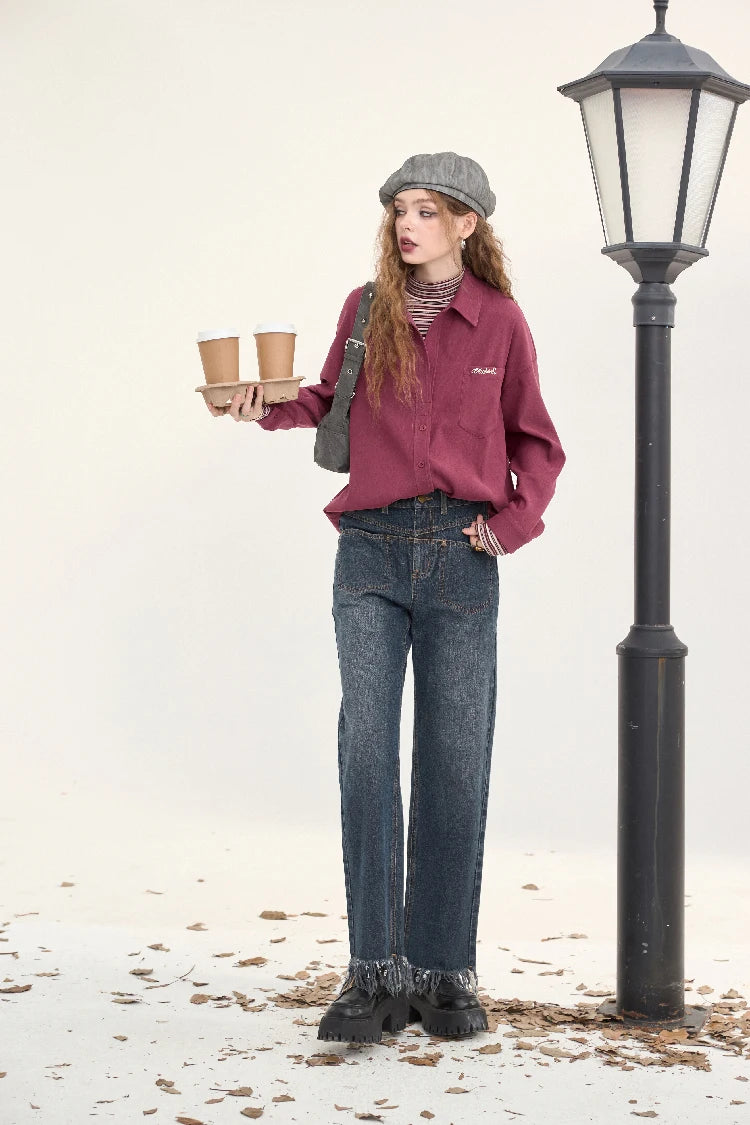 VILZSTUDIOS Velvet Red Embroidery Shirt