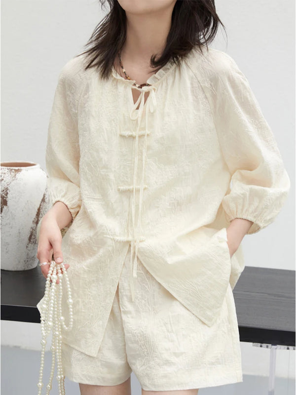 Elegant Chinese Style Embroidered Blouse Shorts
