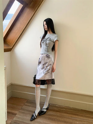 VILZSTUDIOS Stylish Grey Summer Short Sleeve T-Shirt With Lace Midi Skirt