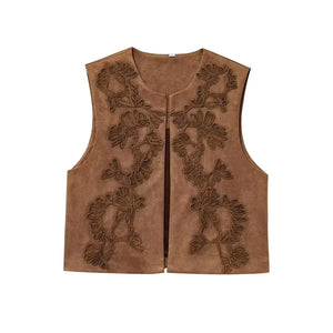 VILZSTUDIOS Stylish Embroidered Faux Suede Vest