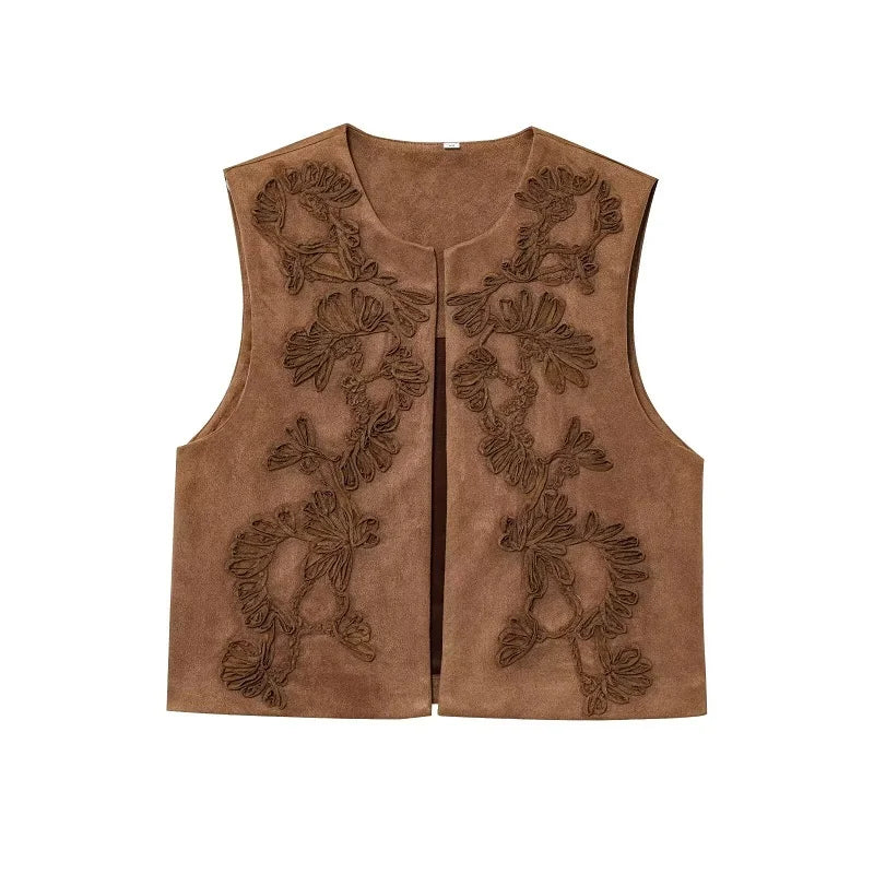 VILZSTUDIOS Stylish Embroidered Faux Suede Vest