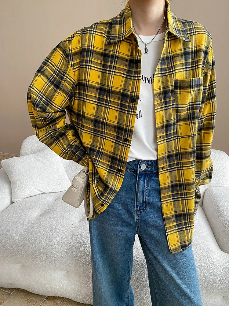 VILZSTUDIOS Yellow Plaid Oversized Loose Fit Shirt