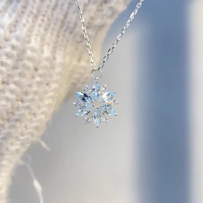 VILZSTUDIOS Sweet 925 Sterling Silver Blue Crystal Zircon Snowflake Necklace