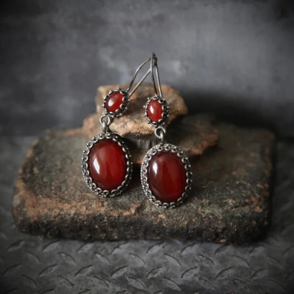 Vintage Red Zircon Oval Inlaid Earrings