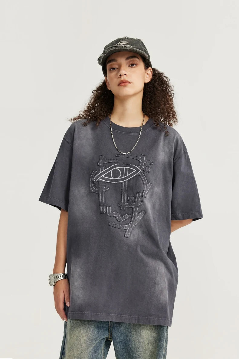 VILZSTUDIOS Acid Washed Patch Embroidery Oversize T-Shirt