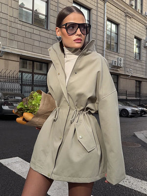 VILZSTUDIOS Stylish Stand Collar Mid-Length Trench Coat