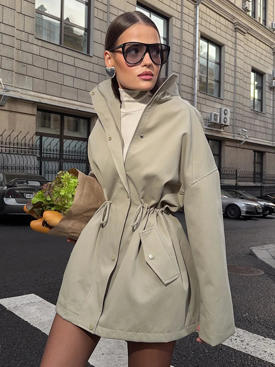 VILZSTUDIOS Stylish Stand Collar Mid-Length Trench Coat