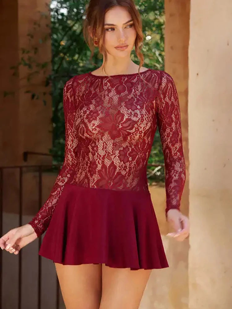 VILZSTUDIOS Red Lace A-Line Dress Clubwear