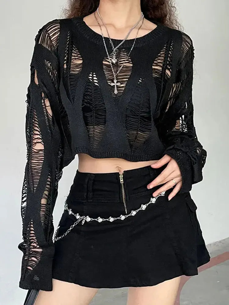 VILZSTUDIOS Gothic Black Sexy Knitted Crop Sweater