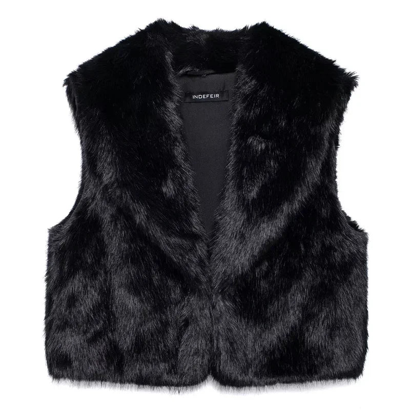 VILZSTUDIOS Chic Black Faux Fur Sleeveless Vest