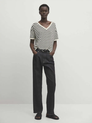 VILZSTUDIOS Casual Striped V-Neck Knit T-Shirt