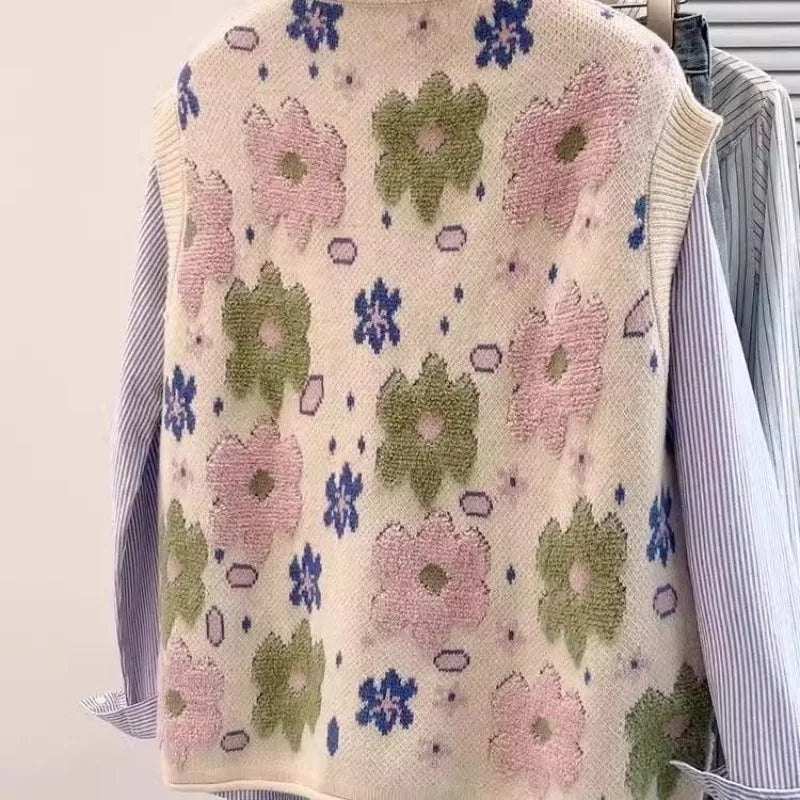 VILZSTUDIOS Cozy Oversized Knitted Floral Sleeveless Cardigan