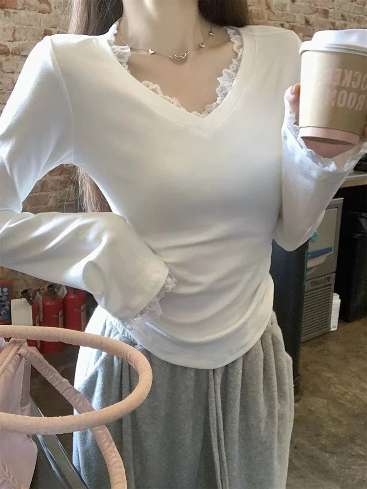 VILZSTUDIOS Chic Lace V-Neck Slim Long Sleeve Top