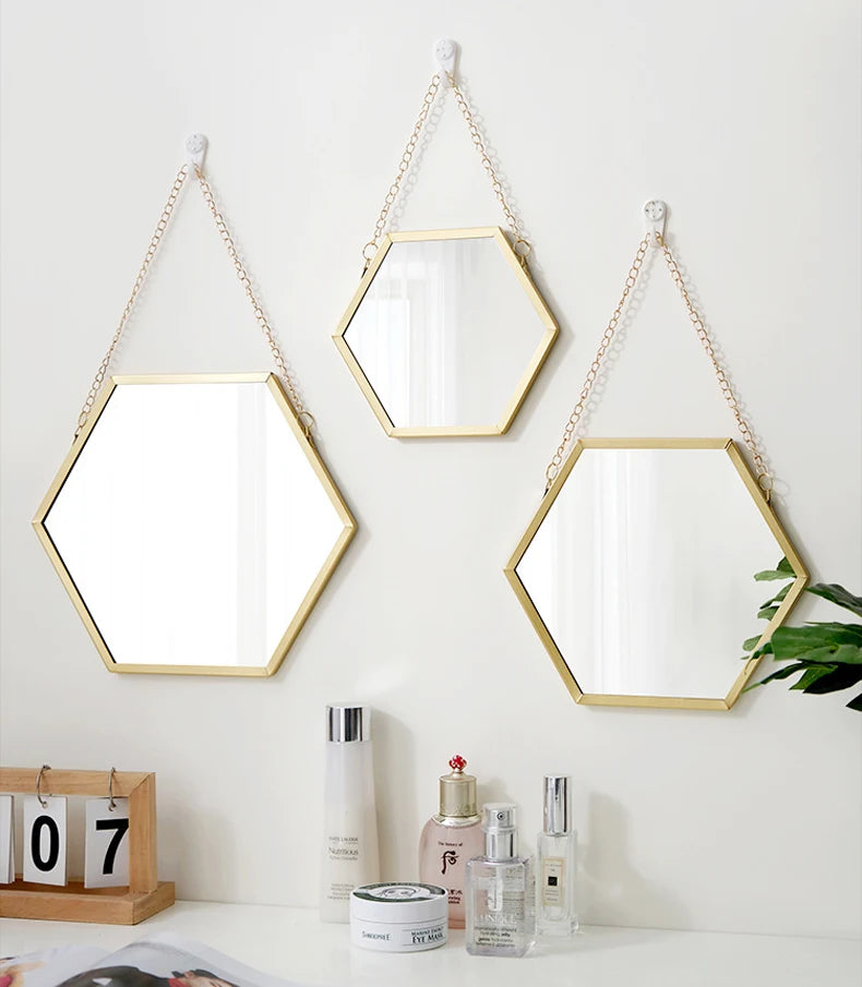VILZSTUDIOS Hexagon Shape Decorative Mirror Wall Decor Makeup Hanging Mirror Bathroom Cosmetic Mirror Bedroom Room Wall Decoration