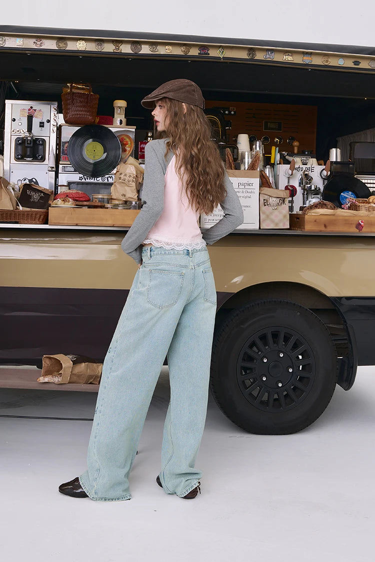 VILZSTUDIOS Embroidered Loose Straight Leg Jeans