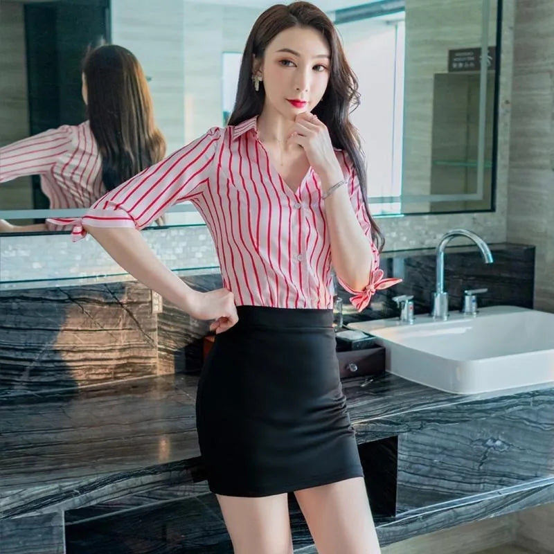 VILZSTUDIOS Striped Long Sleeve V-neck Shirt & Skirt Set