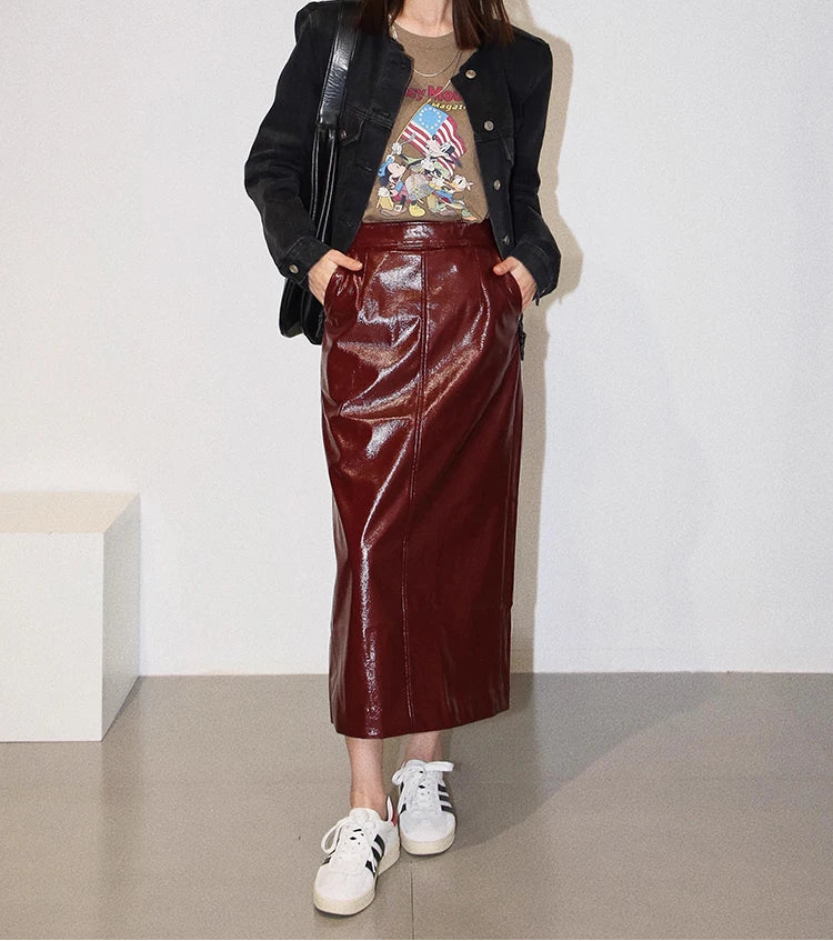 VILZSTUDIOS Shiny Patent Leather High Waist Maxi Skirt
