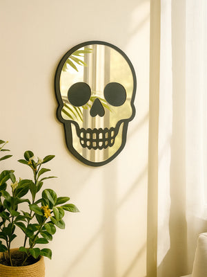 VILZSTUDIOS Halloween Skull Shaped Acrylic Wall Mirror Black Frame Wall Hanging Golden Decorative Mirror for Home Living Room & Bedroom Gift