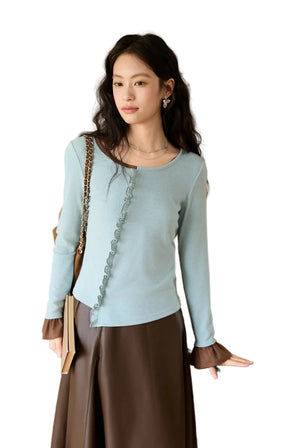 VILZSTUDIOS Blue Color Blocked Knitted Ruffled Long Sleeve Top