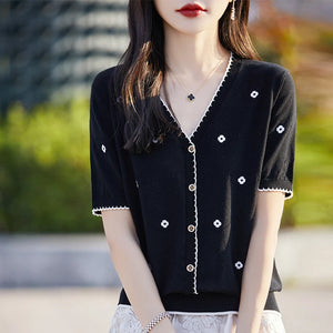 VILZSTUDIOS Embroidered Casual V-Neck Light Cardigan