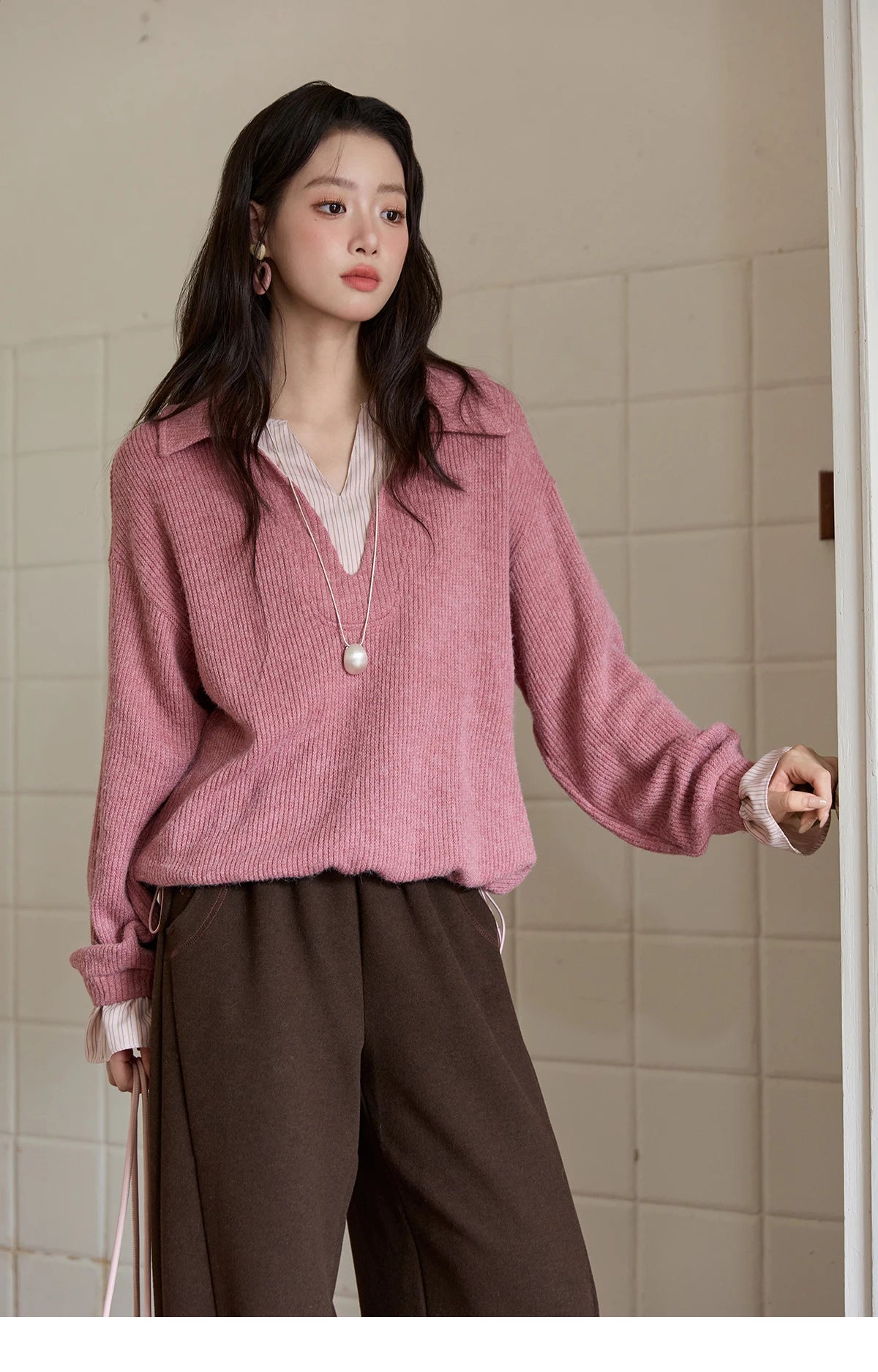VILZSTUDIOS French Style Stand Collar Long Sleeve Top
