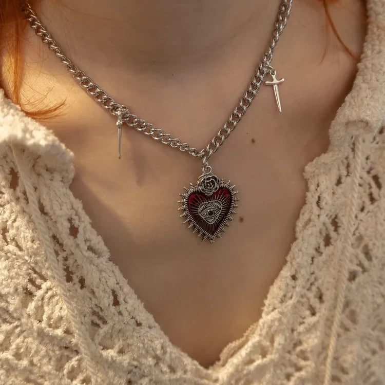 VILZSTUDIOS Vintage Gothic Peach Heart Cross Pendant Necklace
