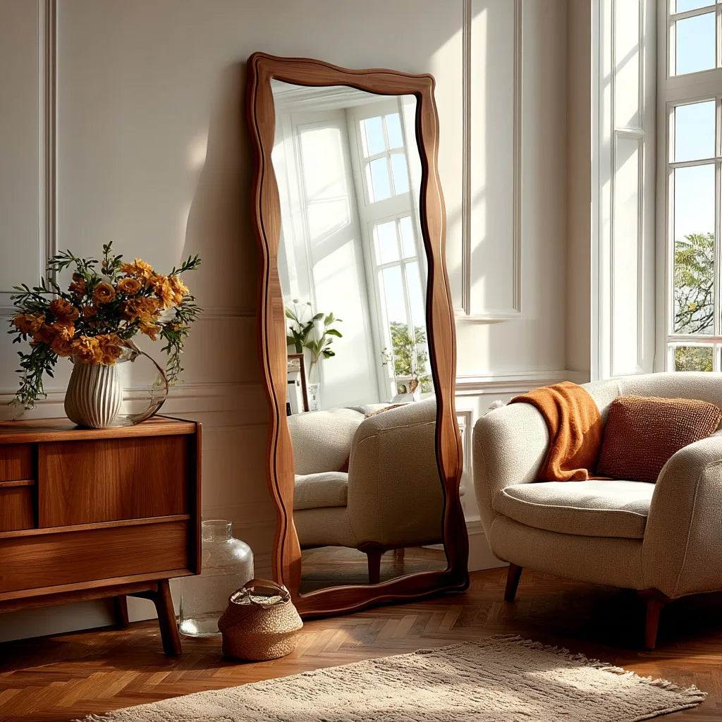 VILZSTUDIOS Vintage Style Solid Wood Tempered Mirror Full Length Floor Mirror for Home Living Room Bedroom Women's Dressing