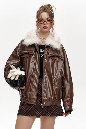 VILZSTUDIOS Plush Collar Spliced PU Jacket