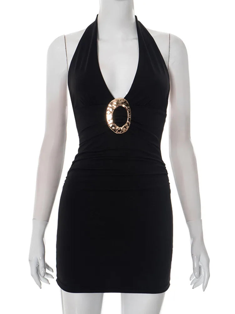 VILZSTUDIOS Metal Ring Halter Deep V-Neck Dress