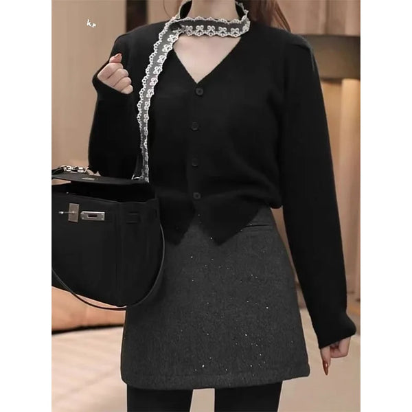 Elegant Lace-Up V-Neck Knit Cardigan
