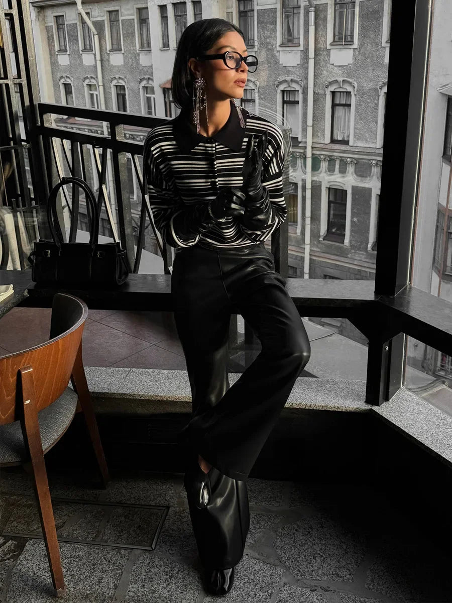 VILZSTUDIOS Retro Striped Knitted Polo Top