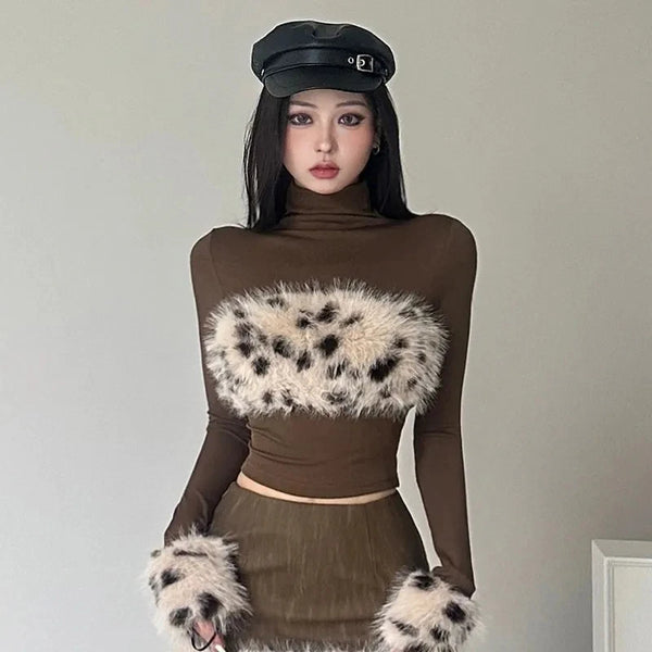 Leopard Patchwork Slim Fit Turtleneck Top