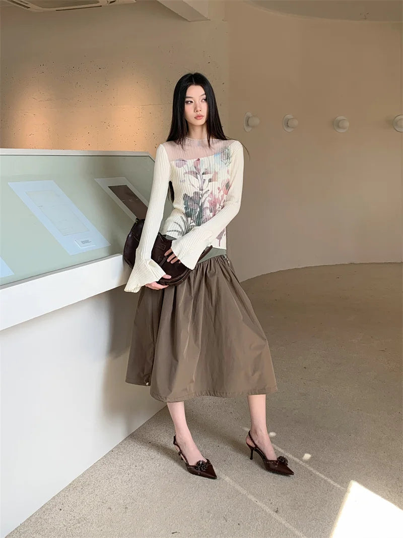 VILZSTUDIOS Floral Knitted Ribbed Long Bell Sleeve Top