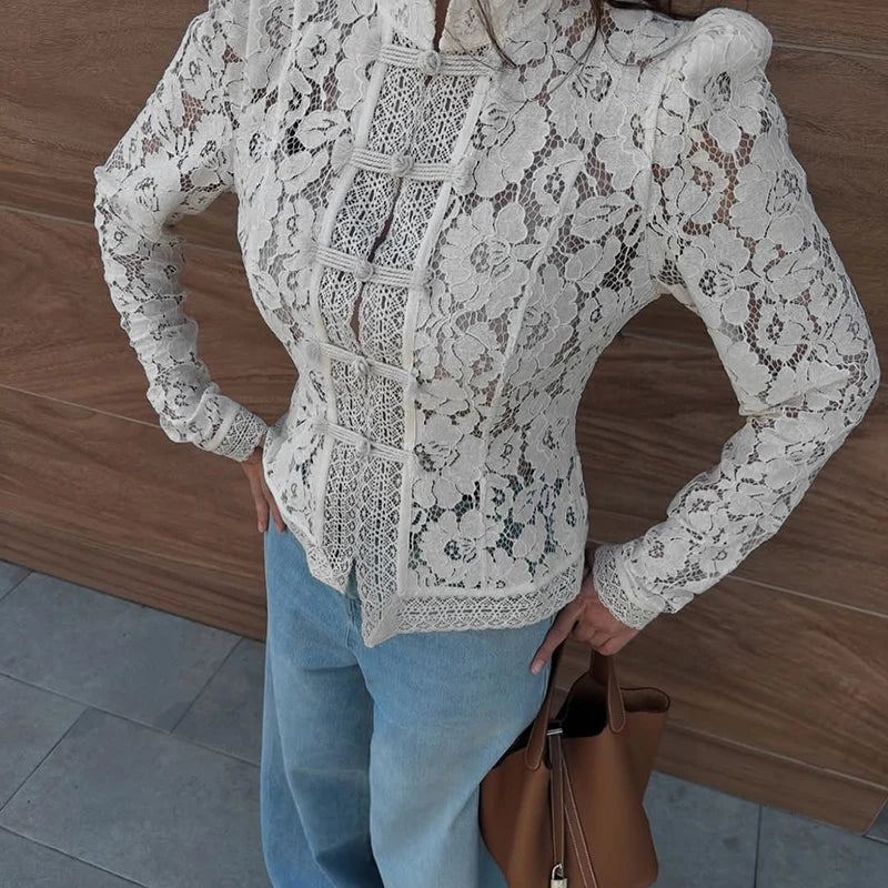 VILZSTUDIOS Elegant Lace Flower Long Sleeve Blouse