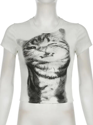 VILZSTUDIOS Cat Print Basic Cropped T-Shirt