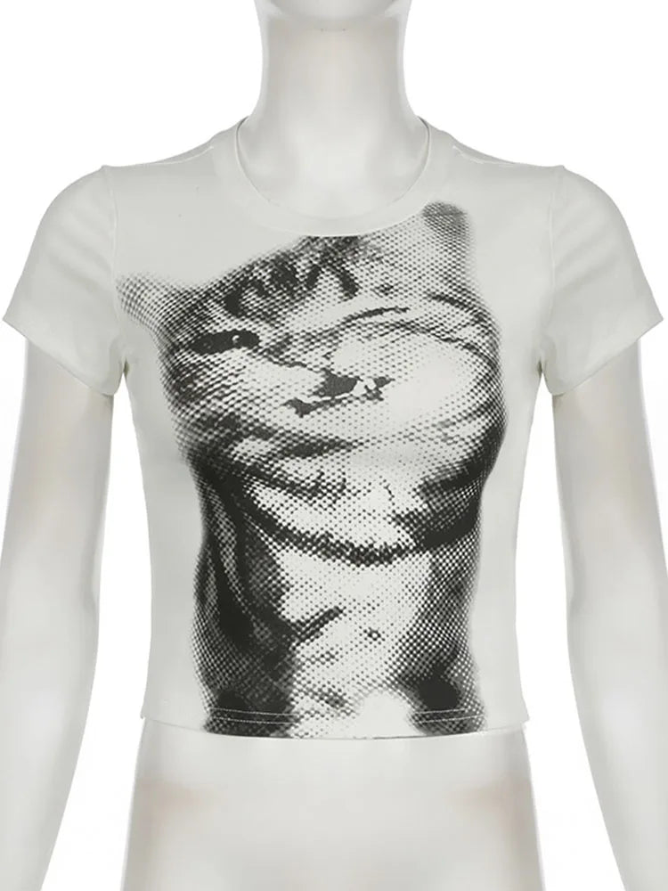VILZSTUDIOS Cat Print Basic Cropped T-Shirt