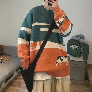 VILZSTUDIOS Vintage Winter Cows Print Sweaters