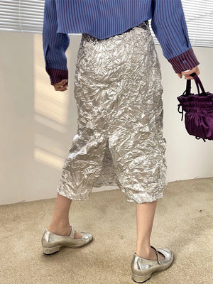 VILZSTUDIOS Metallic Silver Glitter A-Line Skirt