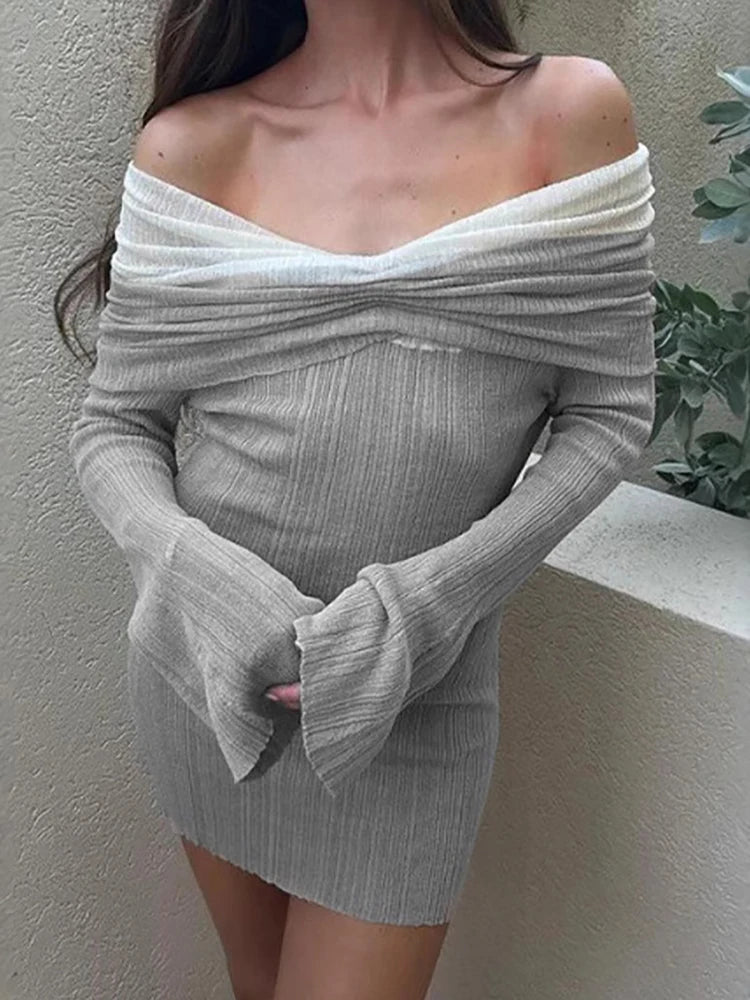 VILZSTUDIOS Sexy Patchwork Knit Off Shoulder Dress