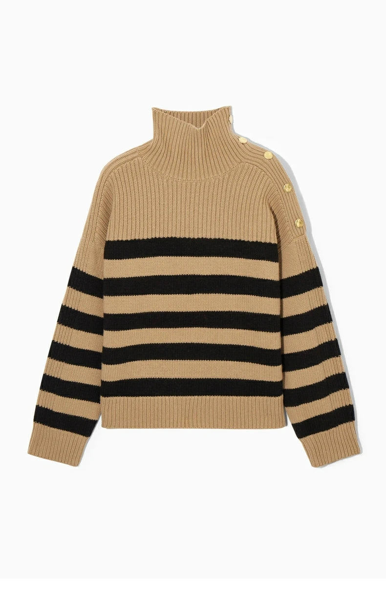 VILZSTUDIOS Striped Button Turtleneck Casual Sweater